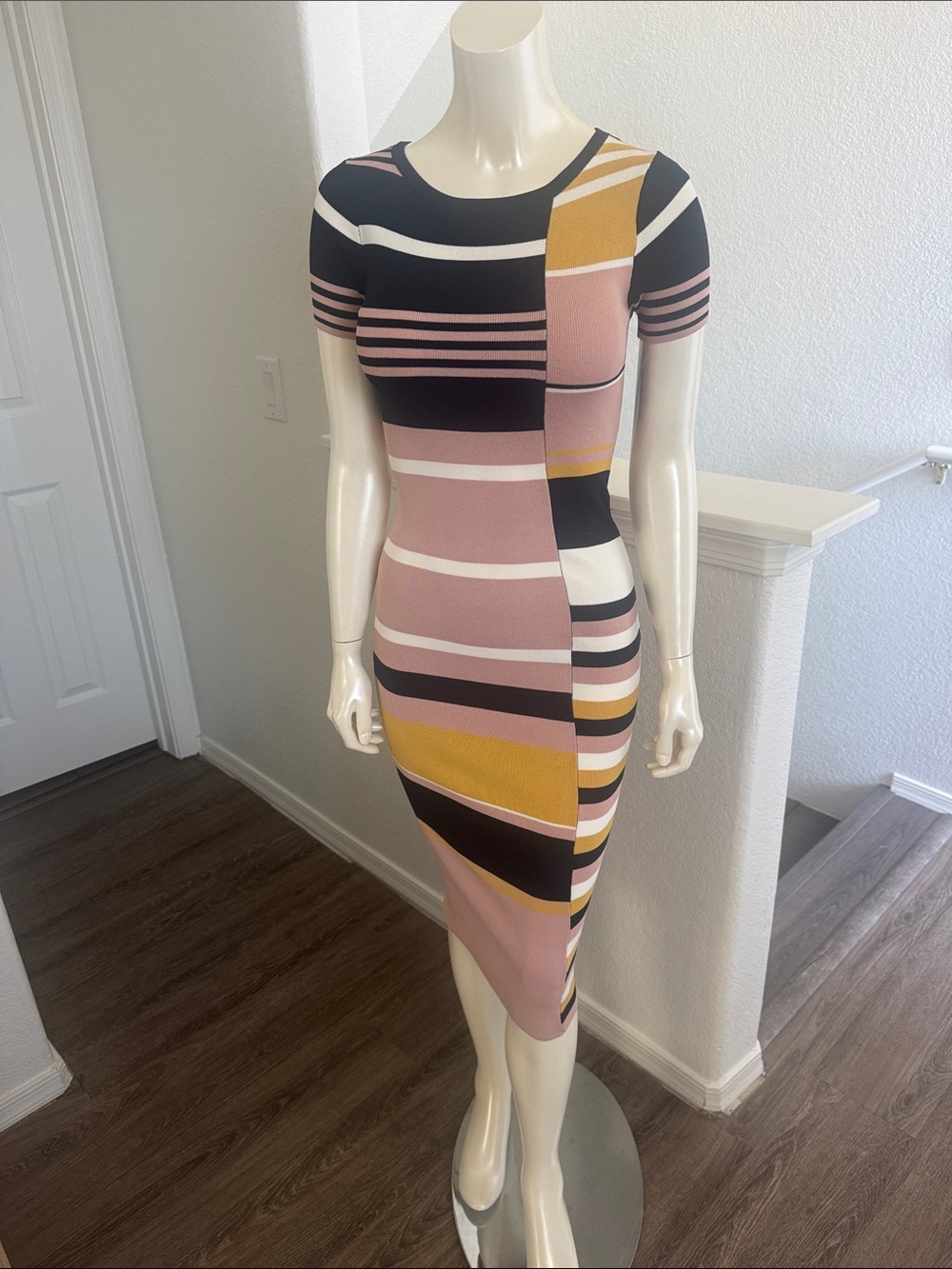 Striped Midi Dress with Pink and Mustard Colorblock